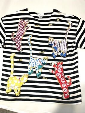 Accessory Lady Beaded Cat Top Striped Oversized Shirt Whimsical Sequin Cats L